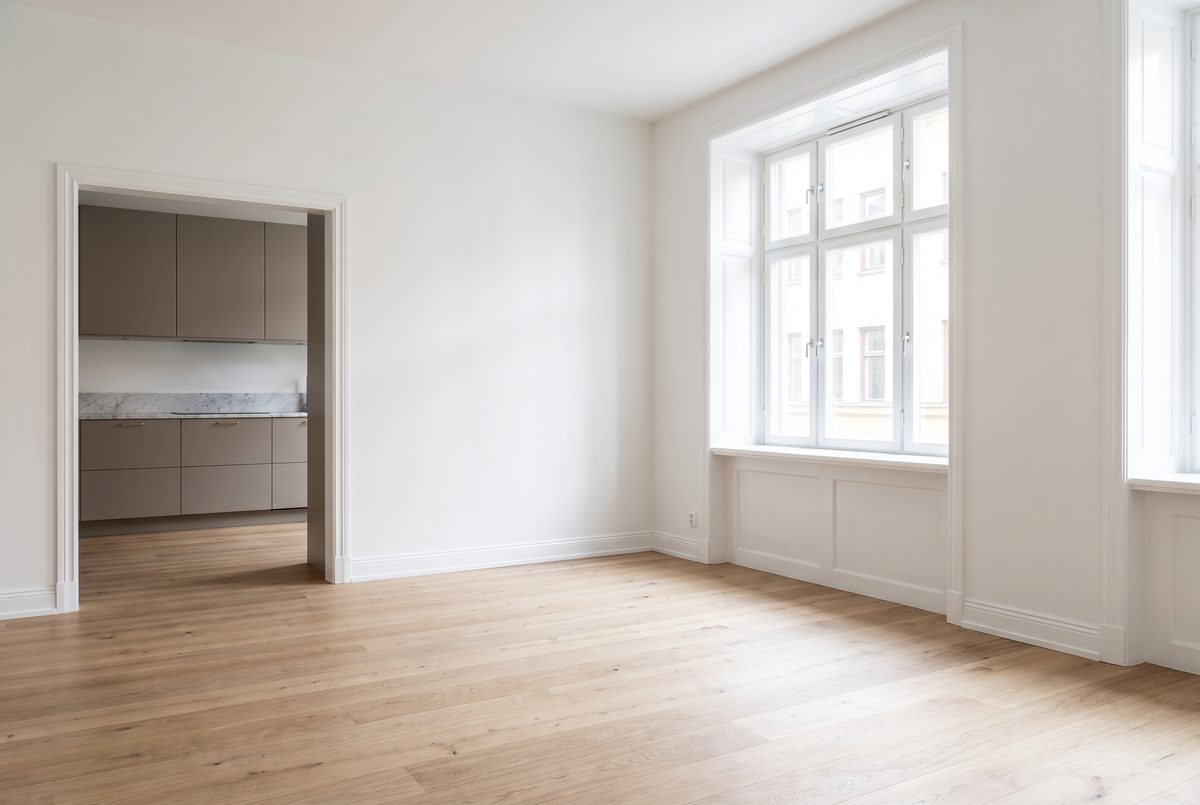 A freshly renovated apartment living room with new wood floors, white trim and a large window in bright daylight