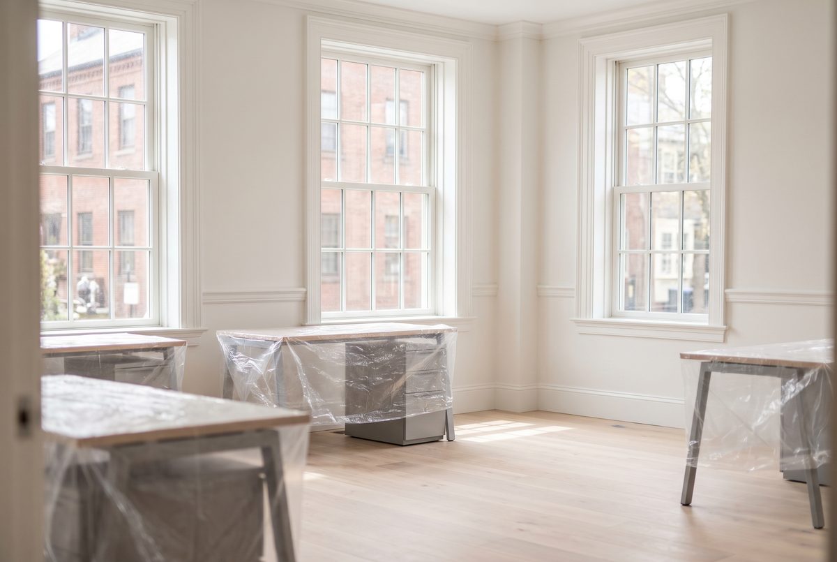 A freshly renovated open-plan office with new pale wood floors, bare white walls and empty desks waiting by tall windows in daylight